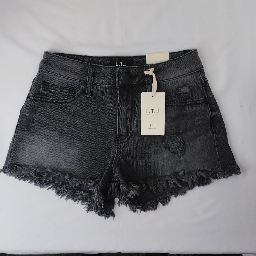 L.T.J. Letter to Juliet Washed Black Denim Jean Shorts Frayed Hem High Waist XS